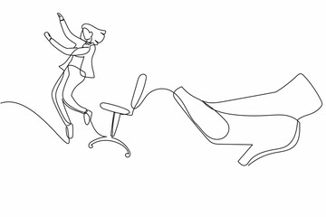 Poster - single one line drawing young small businesswoman kicked out by big foot. office worker kicked away 