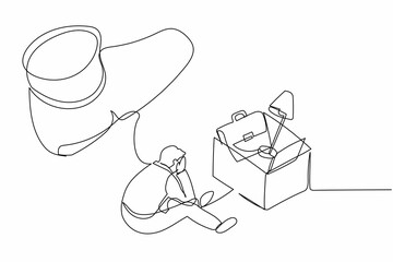 Poster - Continuous one line drawing sadness businessman sitting on the floor near office supplies under big foot stomp. Unemployment, dismissal, jobless people. Single line design vector graphic illustration