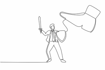 Poster - Single continuous line drawing active businessman fight to giant foot with shield and sword. Manager against big shoe stomp with weapon. Minimalism metaphor. One line draw design vector illustration