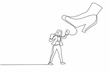Poster - Single continuous line drawing active businesswoman punching uppercut under big foot stomp. Manager against authoritarian or anger boss. Minimalism metaphor. One line draw design vector illustration