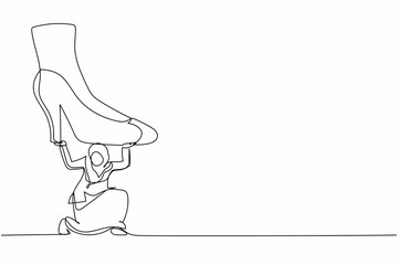 Poster - Single one line drawing young Arab businesswoman under giant foot stomping. Violence of dictator toward tiny woman, big shoes crush business people. Continuous line design graphic vector illustration