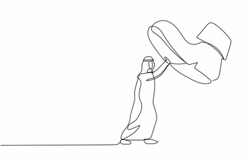 Poster - Continuous one line drawing brave Arabian businessman against giant shoes stomping. Manager push against giant foot step. Minimal metaphor concept. Single line draw design vector graphic illustration