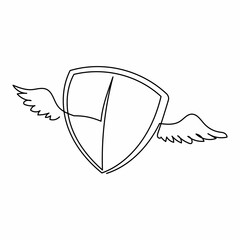 Poster - Continuous one line drawing cute flying shield with wings. Modern professional sketch wings shield template logo design. Winged shield simple mascot style. Single line draw vector graphic illustration
