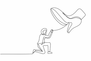 Poster - Single continuous line drawing businesswoman kneel down under giant feet. Concept for authority, exploitation, dictator figure. Minimalist metaphor. One line draw graphic design vector illustration