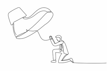 Poster - Continuous one line drawing businessman kneel down under big foot. Male manager under tyranny, dictatorship, authoritarian. Minimal metaphor concept. Single line design vector graphic illustration