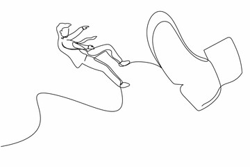 Poster - Single continuous line drawing businessman big foot kicking little men. Bankruptcy, insolvency. Male employee kicked out by big foot, become unemployed. One line graphic design vector illustration