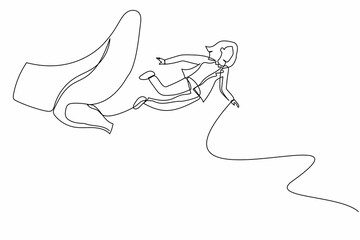 Poster - Single one line drawing businesswoman getting fired, flying through air after being kicked in the back. Minimalism metaphor concept. Modern continuous line draw design graphic vector illustration