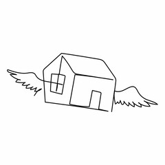 Poster - single one line drawing flying house logo with wings. house of wings in weightlessness. flying dream