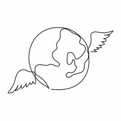 Poster - Single continuous line drawing flying globe with wings. World travel wings and globe emblem logo. Inspiration and encouragement concept. Dynamic one line draw graphic design vector illustration