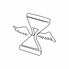 Poster - Single one line drawing flying hourglass with wings. Flying sand clock hourglass and time logo symbol. Winged sand glass deadline metaphor. Modern continuous line design graphic vector illustration