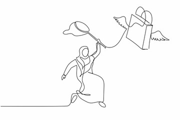 Poster - Single continuous line drawing Arab businesswoman try to catching flying shopping bag with butterfly net. Retail store sales decline due to economic crisis. One line graphic design vector illustration