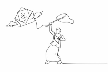 Poster - Single one line drawing Arab businesswoman try to catching flying mail with butterfly net. Missing mailing envelopes letter from job interview. Continuous line draw design graphic vector illustration