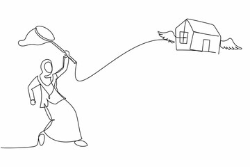 Wall Mural - Continuous one line drawing Arabian businesswoman try to catch flying house with butterfly net. Losing house due to failed to pay mortgage to bank. Single line draw design vector graphic illustration