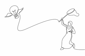 Poster - Single continuous line drawing Arab businesswoman try to catching flying light bulb with butterfly net. Losing brilliant idea for business improvement. One line draw graphic design vector illustration