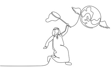 Poster - continuous one line drawing arabian businessman try to catching flying globe with butterfly net. fai