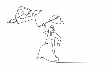 Poster - Continuous one line drawing Arab businessman try to catching flying mail with butterfly net. Missing important paper or letter. Business metaphor. Single line draw design vector graphic illustration