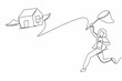 Single one line drawing businesswoman try to catch flying house with butterfly net.