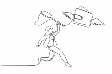 Poster - single one line drawing businesswoman try to catching flying wallet with butterfly net. losing money