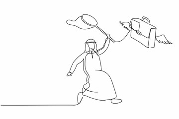 Poster - continuous one line drawing arab businessman try to catching flying briefcase with butterfly net. lo