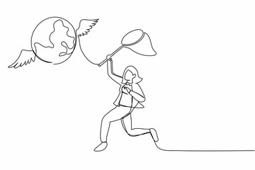 Aufkleber - Continuous one line drawing businesswoman try to catching flying globe with butterfly net. Failed to travel the world because of economic crisis. Single line draw design vector graphic illustration
