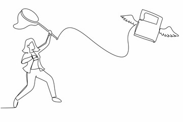 Poster - single continuous line drawing businesswoman try to catching flying book with butterfly net. difficu