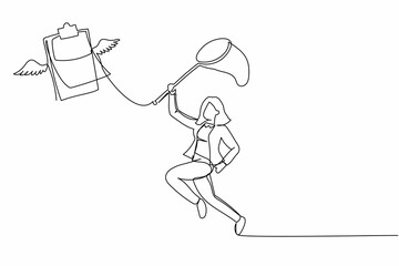 Poster - Continuous one line drawing businesswoman try to catching flying clipboard with butterfly net. Missing checklist. Inaccurate data, document, working papers. Single line draw design vector illustration