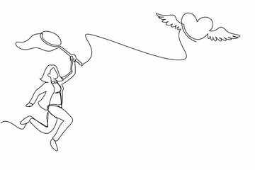 Poster - Single continuous line drawing businesswoman try to catching flying heart with butterfly net. Breakup concept. Relationship that can't be continued. One line draw graphic design vector illustration