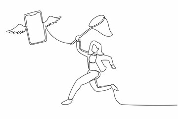 Poster - Continuous one line drawing businesswoman try to catch flying smartphone with butterfly net. Missed phone calls interview. Lost job opportunities. Single line draw design vector graphic illustration