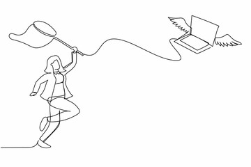 Poster - Single one line drawing businesswoman try to catching flying laptop with butterfly net. Losing data information due to cyber crime or computer virus. Continuous line graphic design vector illustration