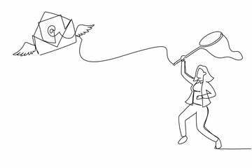 Poster - Single continuous line drawing businesswoman try to catching flying mail with butterfly net. Unread letter. Lost job due to missing mailing envelopes. One line draw graphic design vector illustration