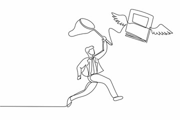 Poster - Single continuous line drawing businessman try to catching flying book with butterfly net. Higher education to pursuit career growth. Worker study literature. One line draw design vector illustration