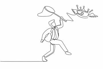 Poster - Single one line drawing businessman try to catching flying crown with butterfly net. Royal, luxury, vip, first class sign. Winner award. Modern continuous line draw design graphic vector illustration