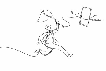 Poster - single continuous line drawing businessman try to catching flying smartphone with butterfly net. tal