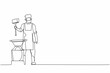 © Simple Line - Single continuous line drawing bearded blacksmith wearing apron standing and holding hammer in front of the anvil. Craftsman working with iron at workshop. One line graphic design vector illustration