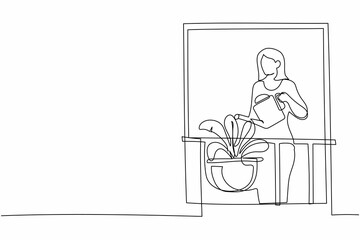Wall Mural - Continuous one line drawing active woman watering flowers on the balcony. Young lady doing gardening favorite hobby. Home garden, house plants growing. Single line design vector graphic illustration