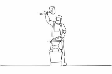 Wall Mural - Continuous one line drawing bearded blacksmith forges small sword on the anvil. Young man blacksmith in apron standing working hard with hot iron. Single line draw design vector graphic illustration