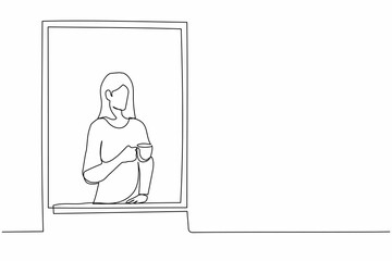 Poster - Single continuous line drawing young woman enjoy hot coffee or tea. Female holding mug and looking outside through window while sitting on windowsill. One line draw graphic design vector illustration