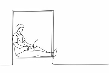 Poster - Single continuous line drawing man freelancer sitting on windowsill, working using laptop. Remote work from home. Online education, studying student. One line draw graphic design vector illustration