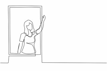 Poster - Single one line drawing young female waving at window as look like to greet or invite people to come in. Woman looking outside from windowsill. Continuous line draw design graphic vector illustration