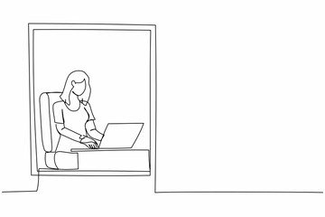 Poster - Single one line drawing young woman working from home near window with laptop. Active businesswoman sitting at desk. Remote work or home office. Continuous line draw design graphic vector illustration
