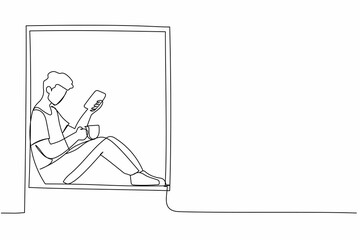 Poster - Single continuous line drawing comfortable relaxing at home with smartphone and hot drink. Young man sitting on windowsill with coffee, enjoying rest at home. One line draw design vector illustration