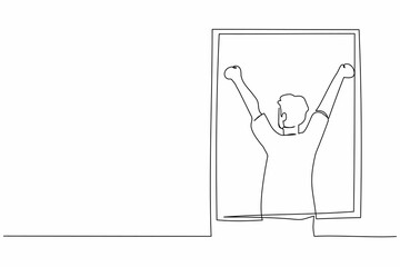 Poster - Single continuous line drawing back view relaxed man stretching arms in window after good night sleep. Good morning concept. Young male standing at window. One line graphic design vector illustration