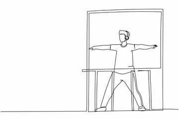 Poster - Continuous one line drawing healthy man with headphone practices yoga near window or balcony. Sports activity, workout, exercise, fitness, indoors, stay at home. Single line design vector illustration