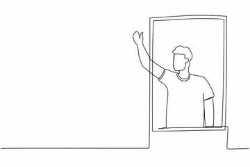 Poster - Single continuous line drawing young male waving at window as look like to greet or invite people to come in. Man looking out from apartment from windowsill. One line draw design vector illustration