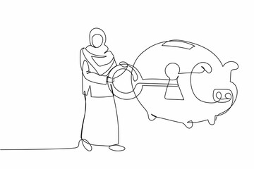Poster - Single one line drawing Arab businesswoman put key into piggy bank. Personal financial protection. Security and safety in saving banking system. Continuous line draw design graphic vector illustration