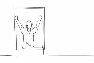 Poster - Continuous one line drawing happy man look out of window meet welcome new day breathe fresh air. Guy stretching in morning enjoy sunny weekend at home. Single line graphic design vector illustration