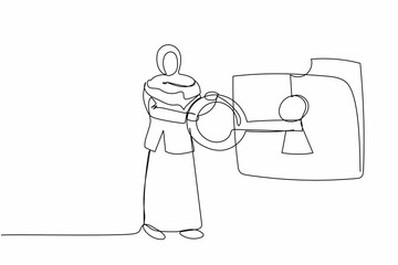 Poster - single continuous line drawing arabian businesswoman put key into folder. unlock secret information.
