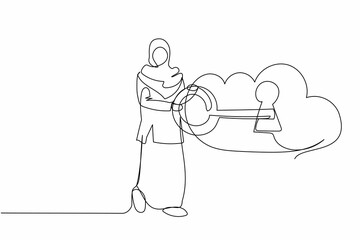 Wall Mural - Single one line drawing Arab businesswoman put key into cloud. Internet storage system. Digital cloud technology. Password lock security authentication. Continuous line draw design vector illustration