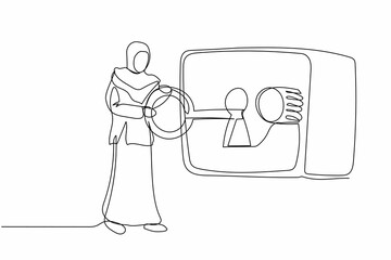 Aufkleber - Single continuous line drawing Arabian businesswoman put key into safety deposit box. Secure money and securities. Financial banking security system. One line draw graphic design vector illustration