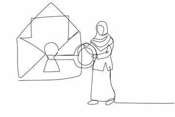 Poster - continuous one line drawing arabian businesswoman put key into mail. personal internet safety user. 